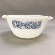 Load image into Gallery viewer, Vintage Milk Glass Mixing Bowl with Blue Western Wagon Train 13/4qt.
