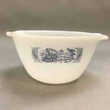 Load image into Gallery viewer, Vintage Milk Glass Mixing Bowl with Blue Western Wagon Train 1qt.
