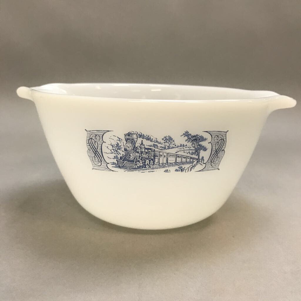Vintage Milk Glass Mixing Bowl with Blue Western Wagon Train 1qt.