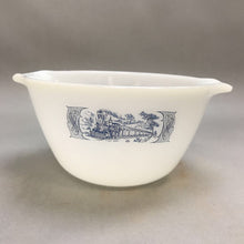 Load image into Gallery viewer, Vintage Milk Glass Mixing Bowl with Blue Western Wagon Train 1qt.
