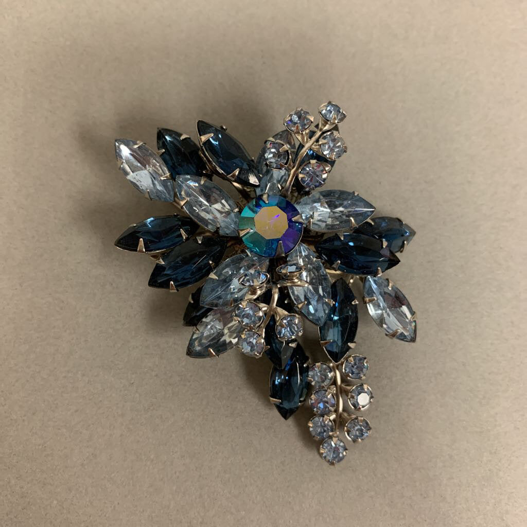 Vintage Navette Blue Tones Floral Rhinestone Brooch Pin (3