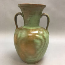 Load image into Gallery viewer, MCM Frankoma # 71 Vase Prairie Green Ribbed Design Leaf Handles (11&quot;)
