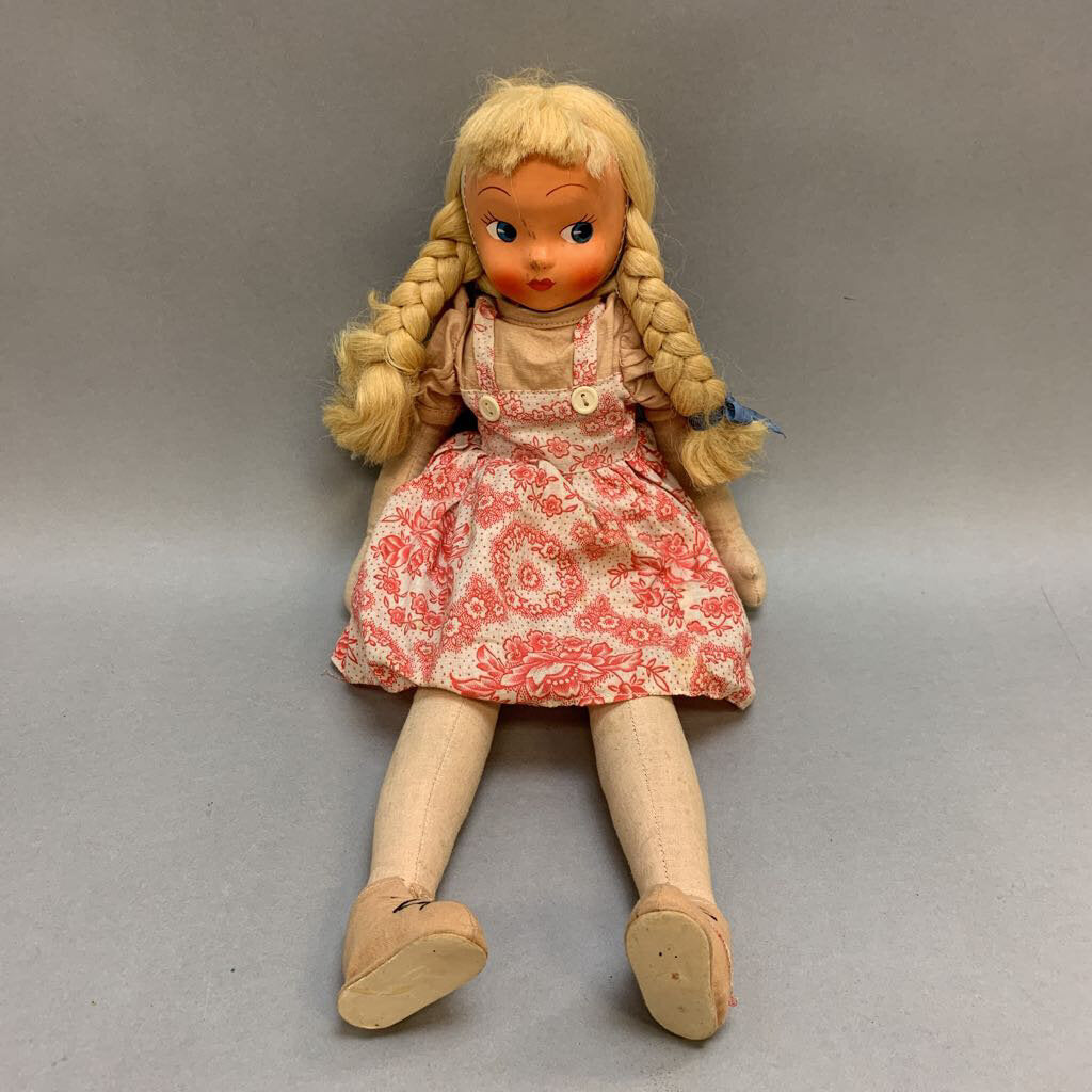 Vintage Jointed Cloth Doll Celluloid Face Blonde Pigtails (18