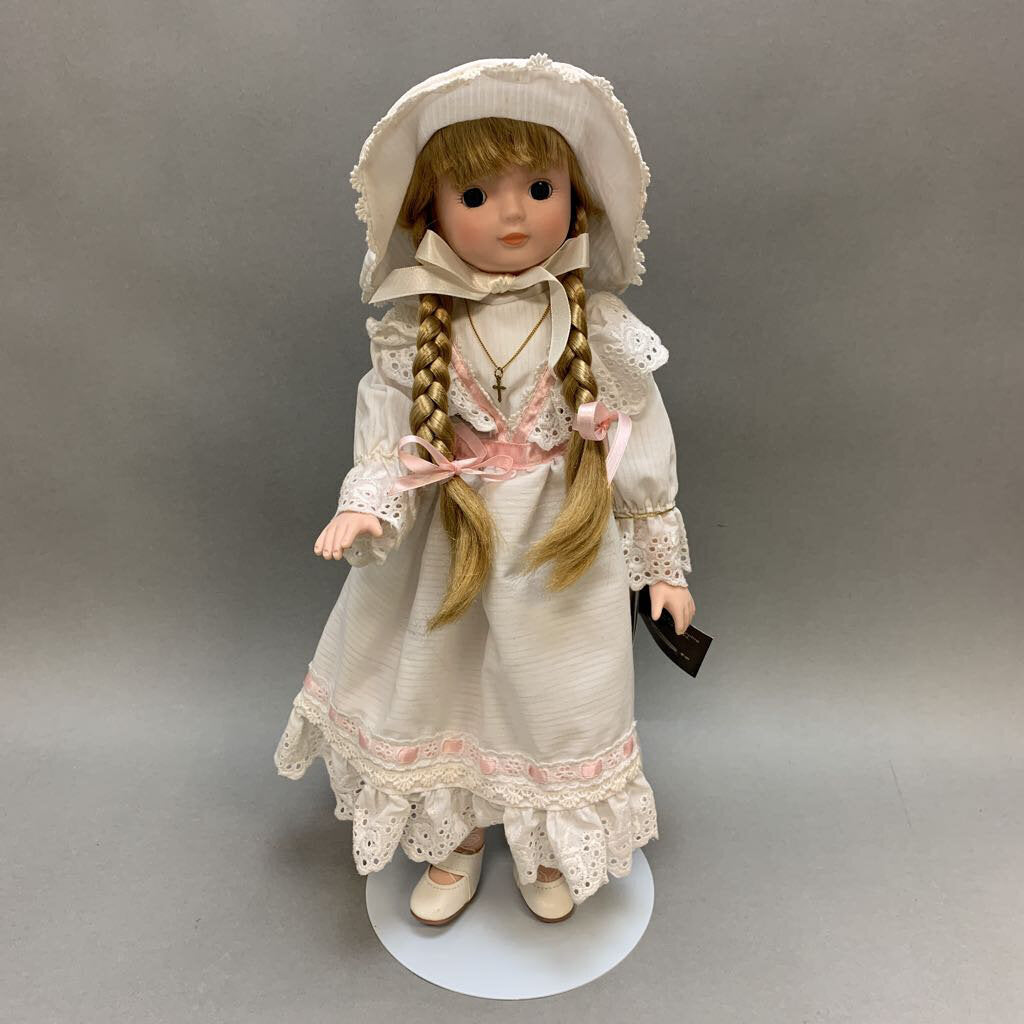 Vintage House of Lloyd Porcelain Doll in White & Pink Dress w/ Bonnet (16