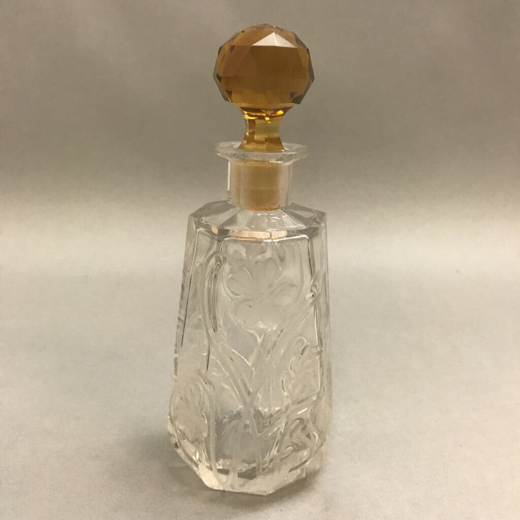 Vintage Embossed Etched 8 Sided Glass Perfume with Amber Stopper (6