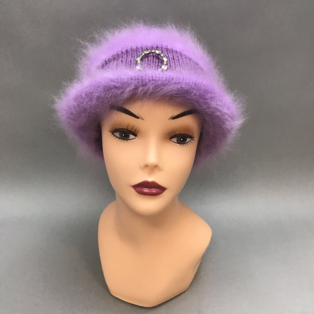 Vintage Purple Women's Knit Bucket Hat with Brooch