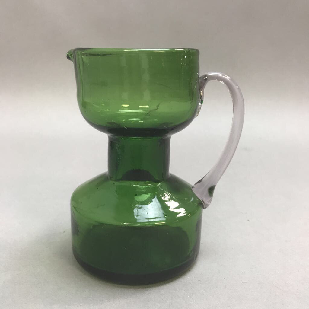 Antique Hand Blown Twist Applied Handle Small Green Pitcher (5