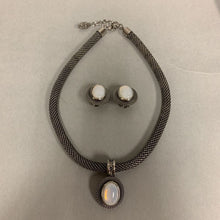 Load image into Gallery viewer, Whiting &amp; Davis Silvertone Mesh Opaline Glass Necklace &amp; Clip Earrings Set
