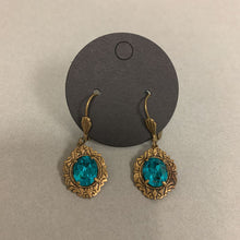 Load image into Gallery viewer, La Vie Parisienne Antiqued Brass Teal Crystal Earrings
