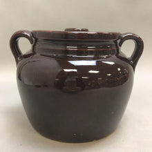 Load image into Gallery viewer, Vintage Dark Brown Glaze Stoneware Bean Pot Double Handles Lid USA (6&quot;)
