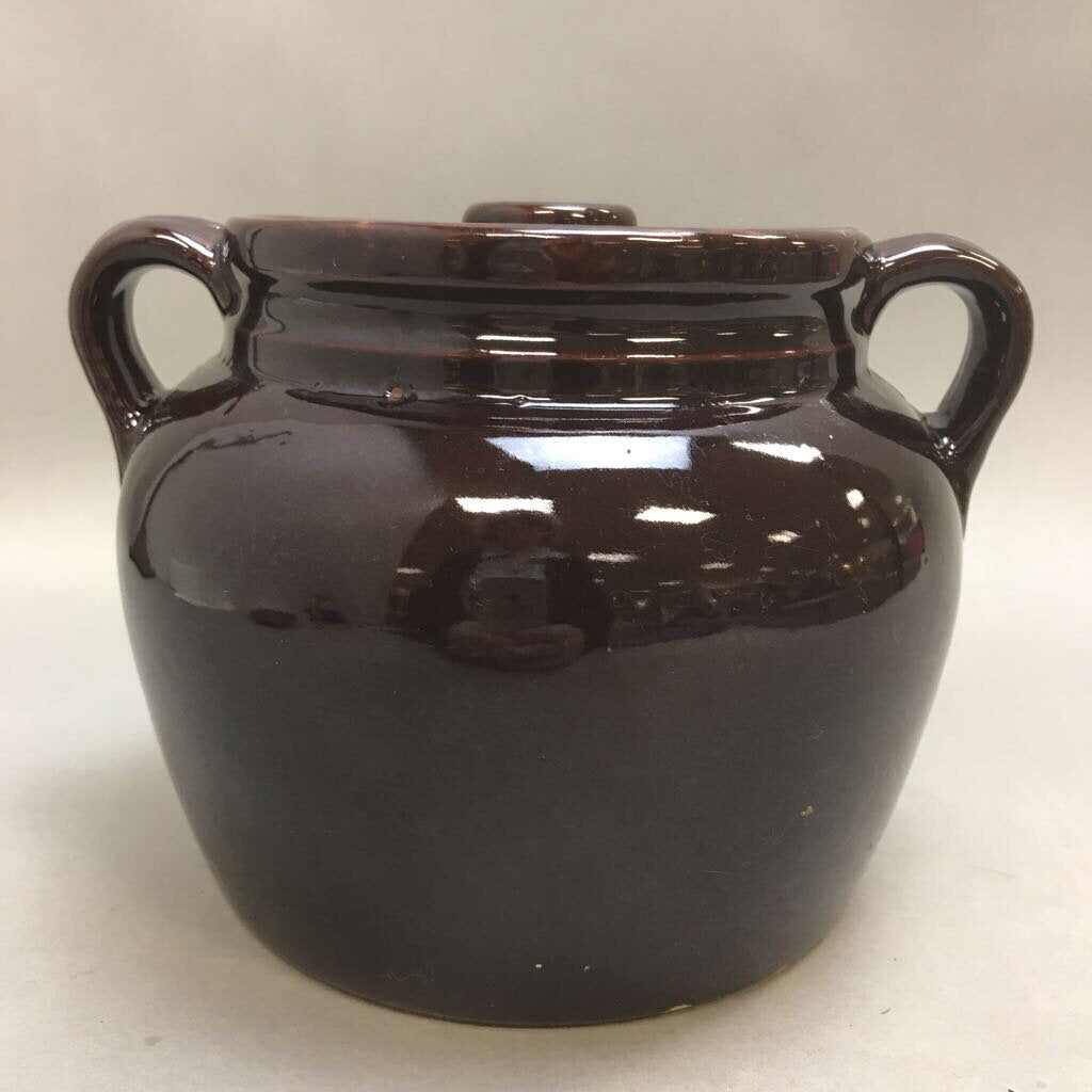 Vintage Dark Brown Glaze Stoneware Bean Pot Double Handles Lid USA (6