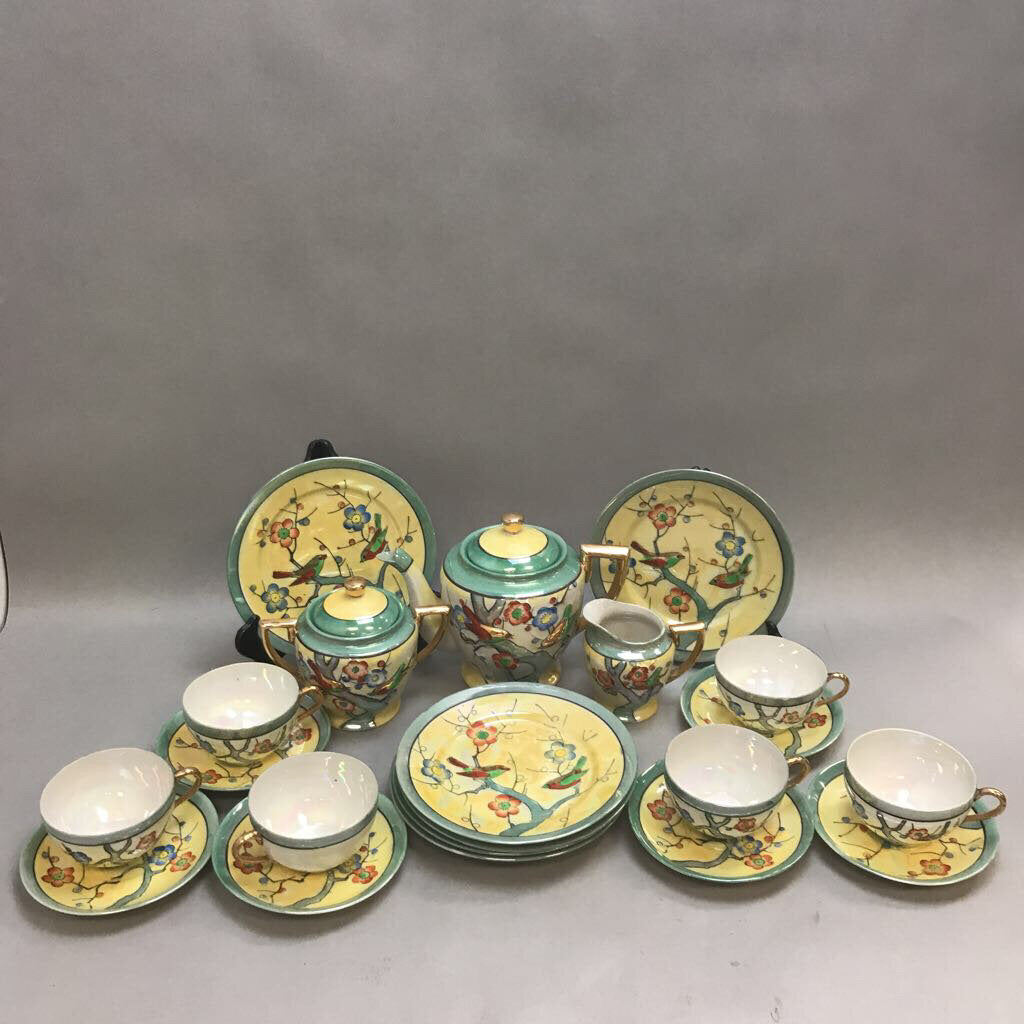 Japanese Hand Painted Lusterware Dish Set with Birds Vintage Stamped Yellow & Blue (21 Piece)