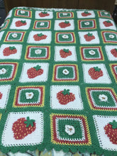Load image into Gallery viewer, Vintage Hand Made Crocheted Green, Red &amp; White Afghan with Strawberries &amp; Flowers (66x60)
