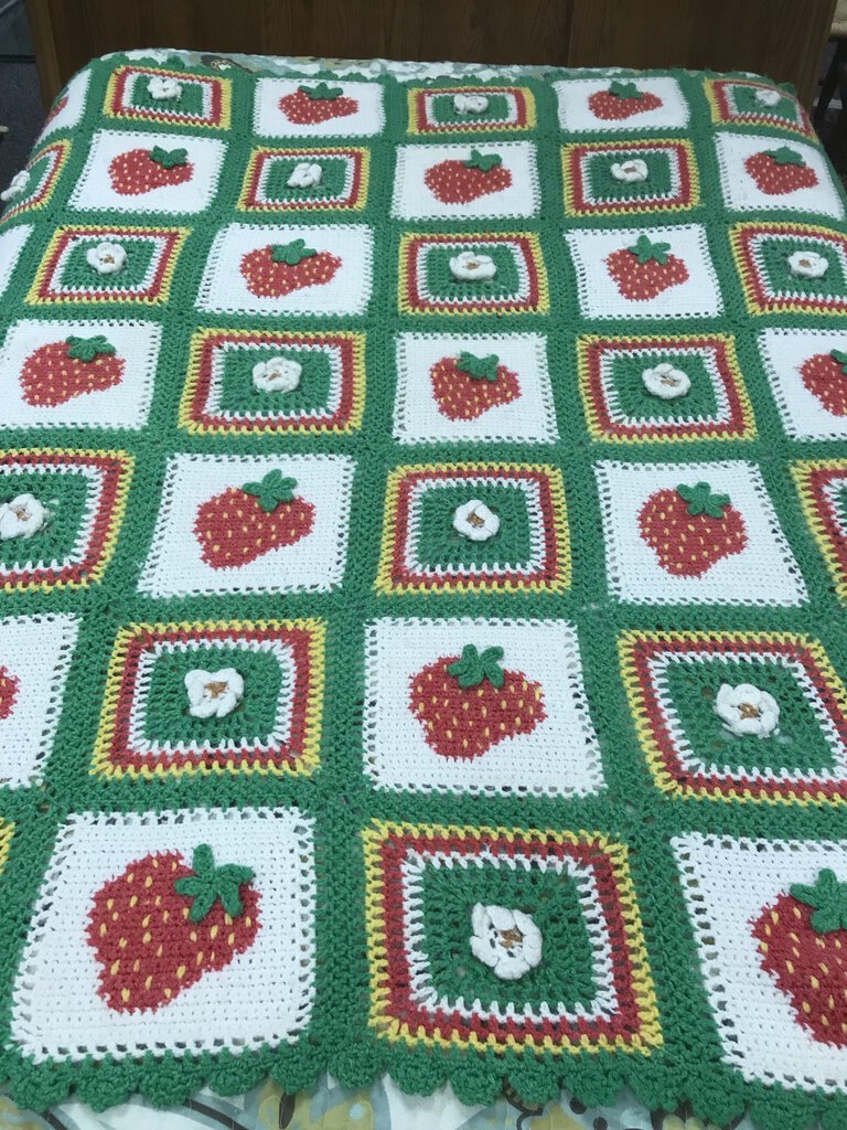 Vintage Hand Made Crocheted Green, Red & White Afghan with Strawberries & Flowers (66x60)