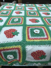 Load image into Gallery viewer, Vintage Hand Made Crocheted Green, Red &amp; White Afghan with Strawberries &amp; Flowers (66x60)
