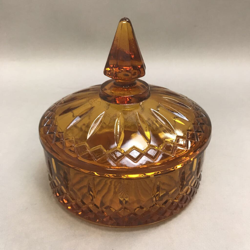 Vintage Classic Amber Glass Candy Dish w Lid (7