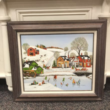 Load image into Gallery viewer, Country Folk Art Signed R Smith Oil Painting Ice Skating (28&quot; x 32&quot;)
