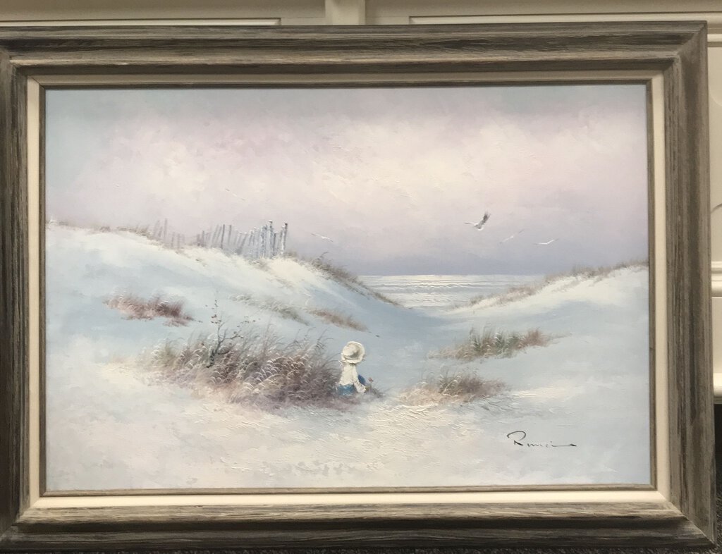 Vintage Signed Oil Painting Little Girl on Beach (30