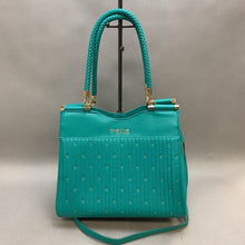 Load image into Gallery viewer, Bebe Teal Faux Leather Gold Studded Tote Purse w/ Crossbody Strap (11x12x5&quot;)
