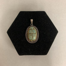 Load image into Gallery viewer, Sterling Carved Faience Scarab Pendant (1.75&quot;)
