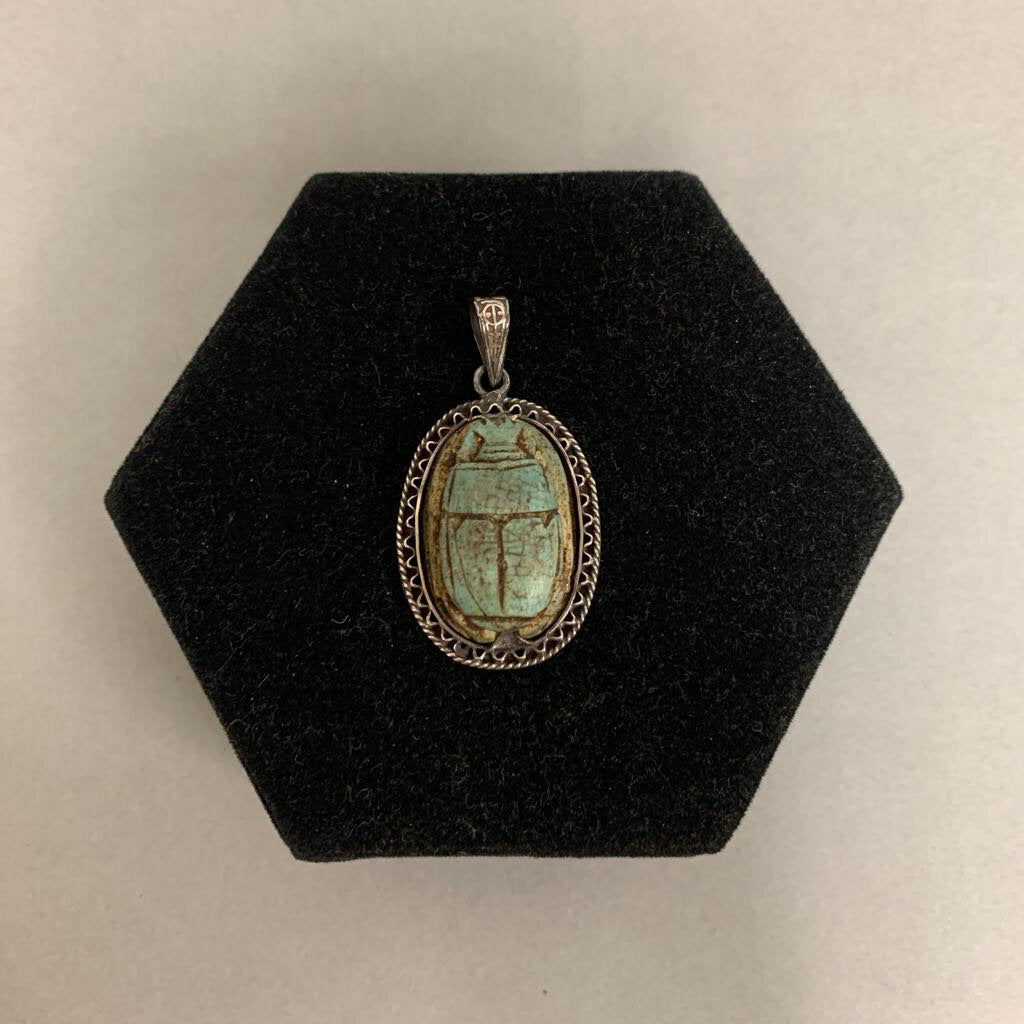 Sterling Carved Faience Scarab Pendant (1.75