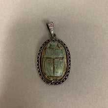 Load image into Gallery viewer, Sterling Carved Faience Scarab Pendant (1.75&quot;)
