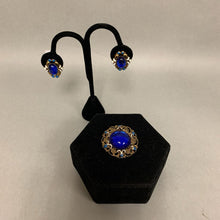 Load image into Gallery viewer, Vintage W German Blue Lucite Cabochon Enameled Brooch Pin &amp; Clip Earrings Set
