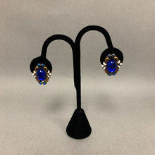 Load image into Gallery viewer, Vintage W German Blue Lucite Cabochon Enameled Brooch Pin &amp; Clip Earrings Set
