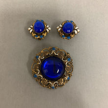 Load image into Gallery viewer, Vintage W German Blue Lucite Cabochon Enameled Brooch Pin &amp; Clip Earrings Set
