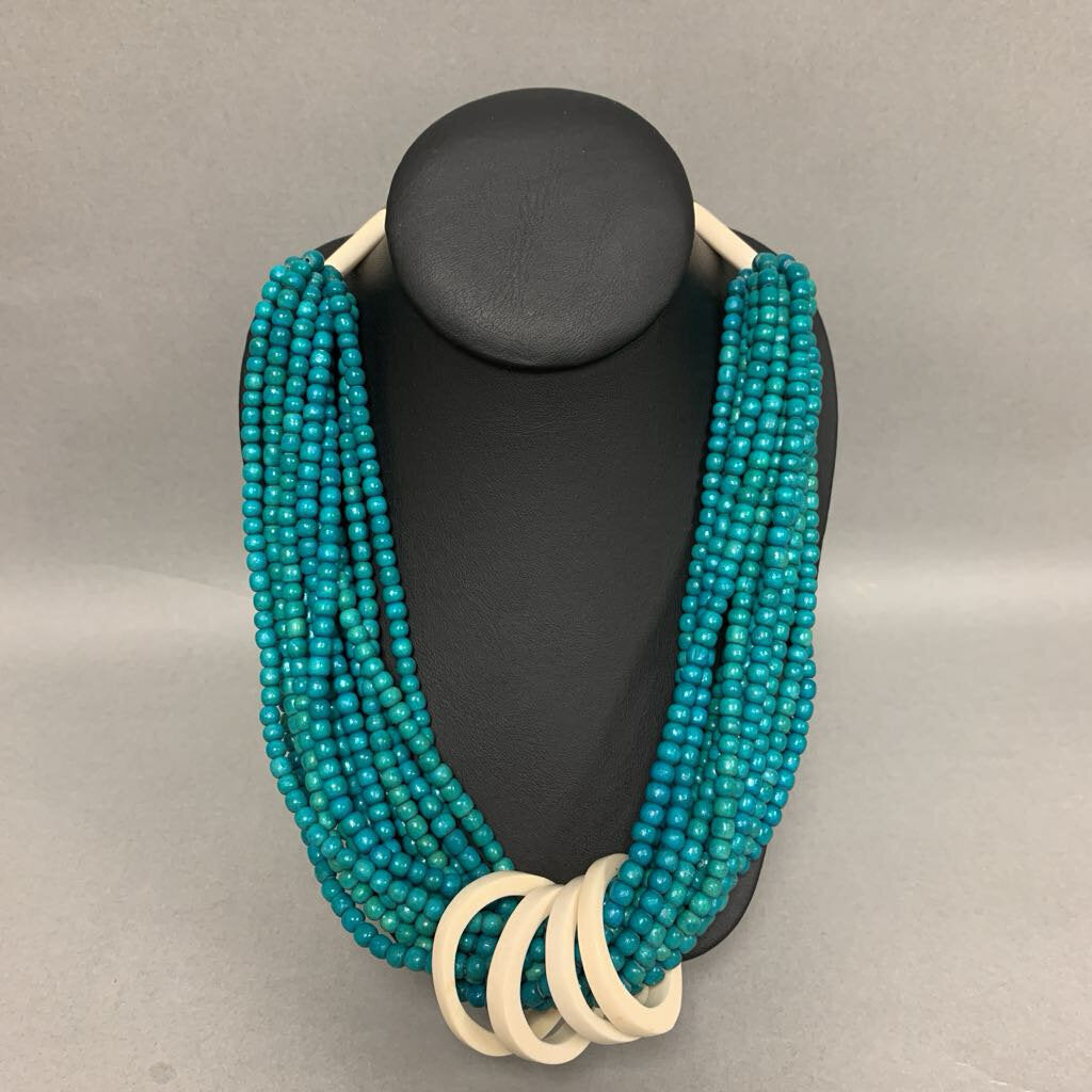 Turquoise Dyed Wood Carved Bone Beaded Necklace (33