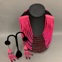 Load image into Gallery viewer, Shades of Pink Wood Bead &amp; Black Seed Bead 21&quot; Necklace &amp; Earrings Set
