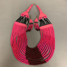 Load image into Gallery viewer, Shades of Pink Wood Bead &amp; Black Seed Bead 21&quot; Necklace &amp; Earrings Set
