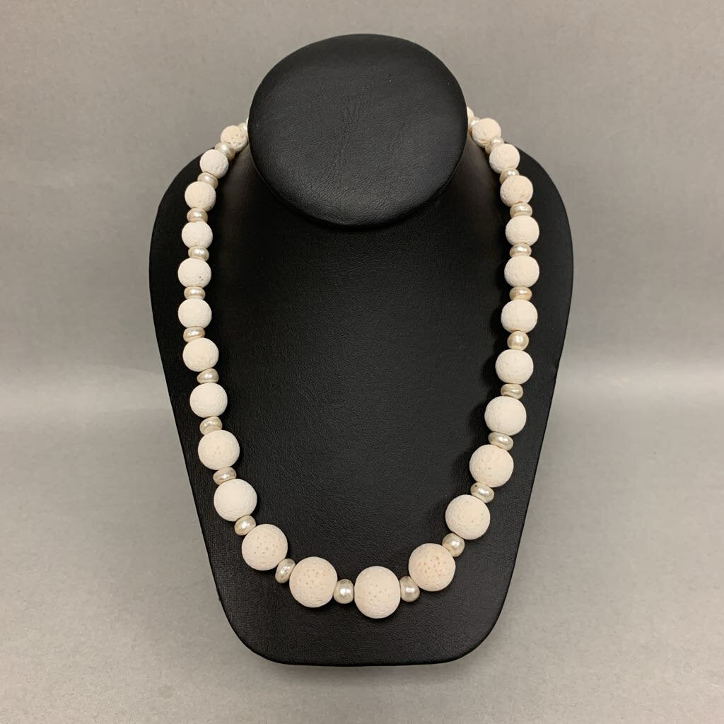 White Lava Stone Graduated Bead Pearl Necklace (21