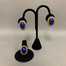 Load image into Gallery viewer, 14K Gold Lapis Lazuli Convertible (Clip or Pierced) Earrings &amp; Ring sz 6.75 Set (31.5g total weight)
