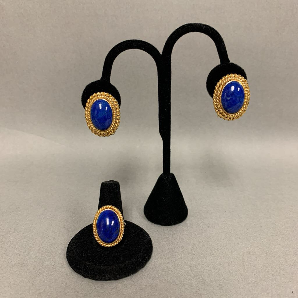 14K Gold Lapis Lazuli Convertible (Clip or Pierced) Earrings & Ring sz 6.75 Set (31.5g total weight)