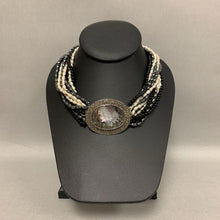 Load image into Gallery viewer, Sterling Carved Abalone Marcasite Cameo on Onyx Pearl &amp; Hematite Beaded Necklace (18&quot;)
