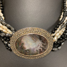 Load image into Gallery viewer, Sterling Carved Abalone Marcasite Cameo on Onyx Pearl &amp; Hematite Beaded Necklace (18&quot;)
