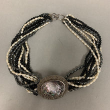 Load image into Gallery viewer, Sterling Carved Abalone Marcasite Cameo on Onyx Pearl &amp; Hematite Beaded Necklace (18&quot;)
