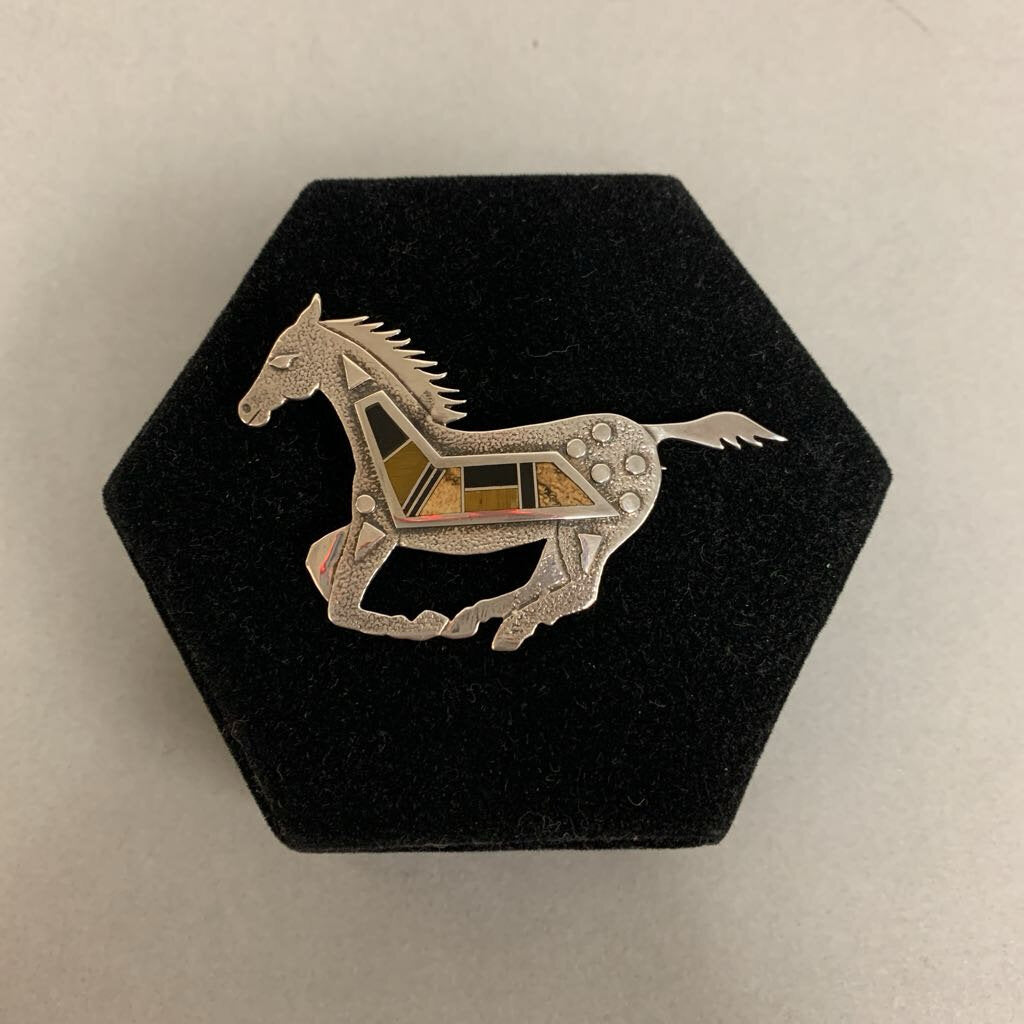 Sterling David Rosales Jasper Tigers Eye Onyx Inlay Horse Brooch Pin (2.75