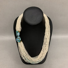 Load image into Gallery viewer, Vintage Italian Cream &amp; Blue Seed Bead Ornate Clasp Necklace (25")

