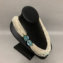 Load image into Gallery viewer, Vintage Italian Cream &amp; Blue Seed Bead Ornate Clasp Necklace (25")
