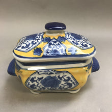 Load image into Gallery viewer, Asian Blue &amp; Yellow Ceramic Covered Pot (6.5&quot; x 5&quot; x 4.5&quot;)
