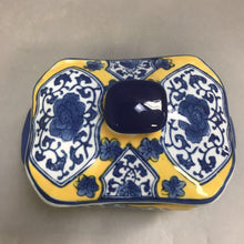 Load image into Gallery viewer, Asian Blue &amp; Yellow Ceramic Covered Pot (6.5&quot; x 5&quot; x 4.5&quot;)
