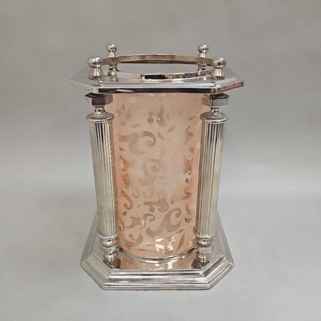 Silverplate & Glass Hurricane Candle Holder (~10x7x7)