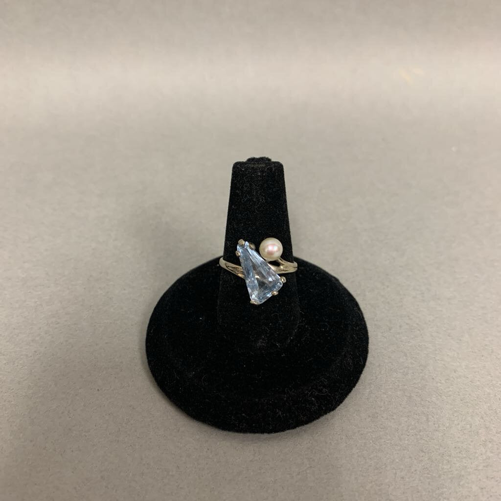 10K White Gold Aquamarine Pearl Ring sz 5 (2.4g)