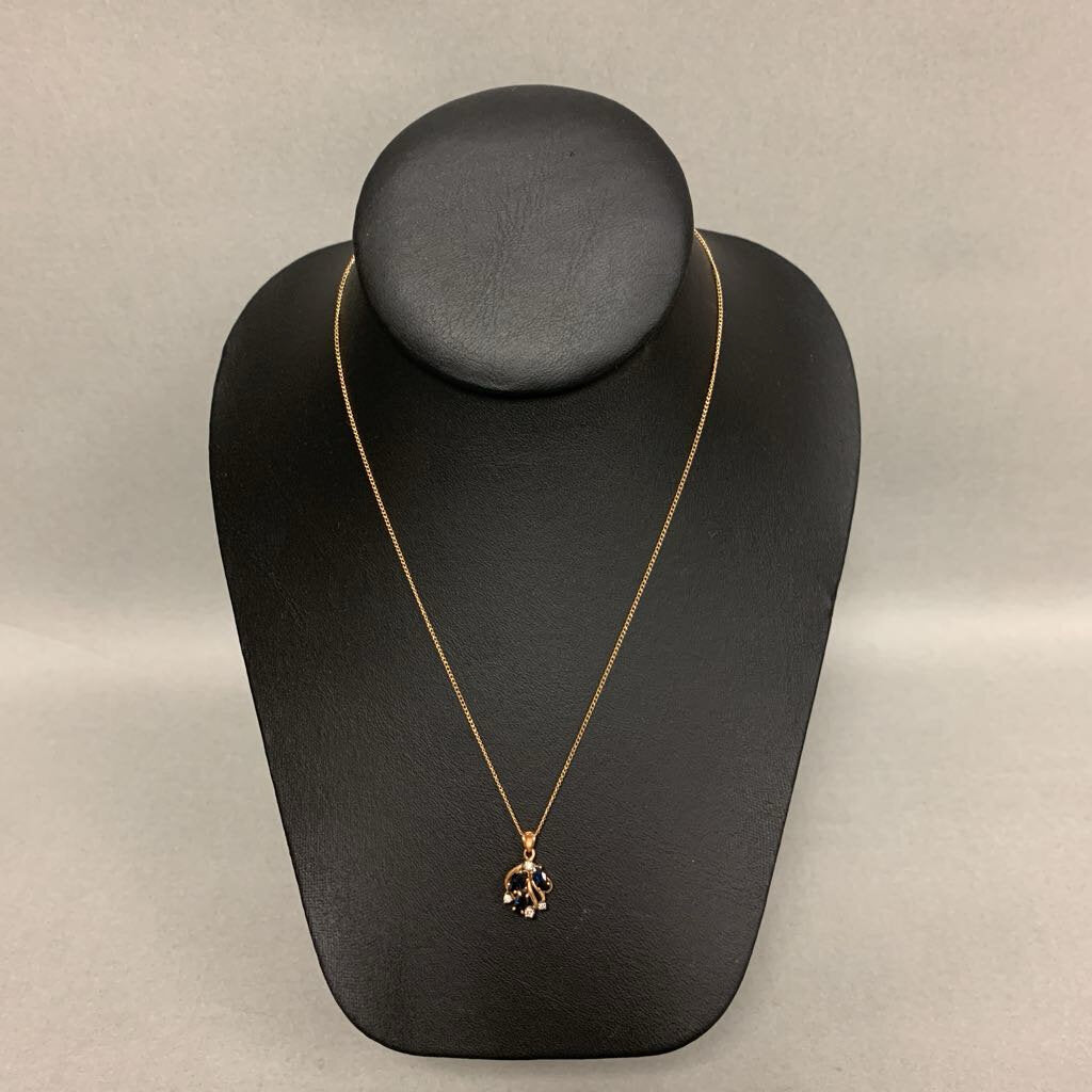 14K Gold Diamond Sapphire Pendant on 16