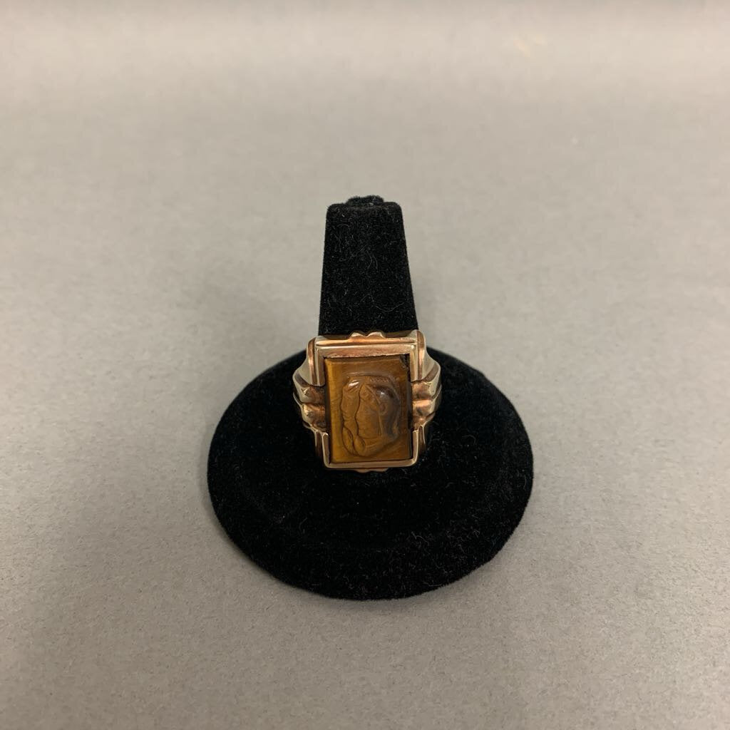 10K Gold Carved Tigers Eye Vintage Ring sz 9 (8.1g)