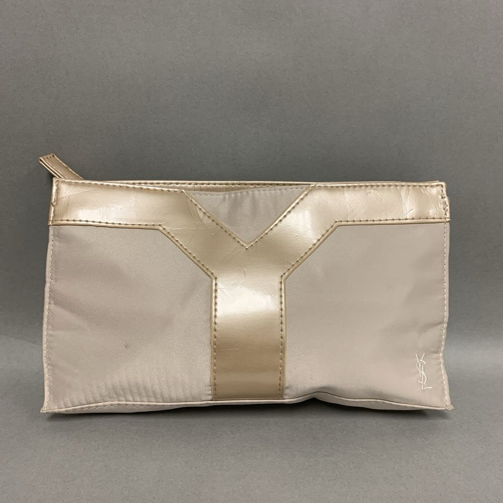 Yves St Laurent Cream Satin Pearl Trim Zip Makeup Bag (As-Is) (5.5x9.5x2