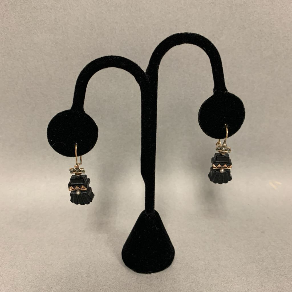 10K Gold Onyx Pearl Antique Victorian Drop Earrings (5.4g)