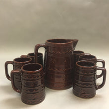 Load image into Gallery viewer, Vintage Glazed Stoneware Pottery Mar Crest Pitcher &amp; 6 Mugs Daisy &amp; Dot (8&quot;)
